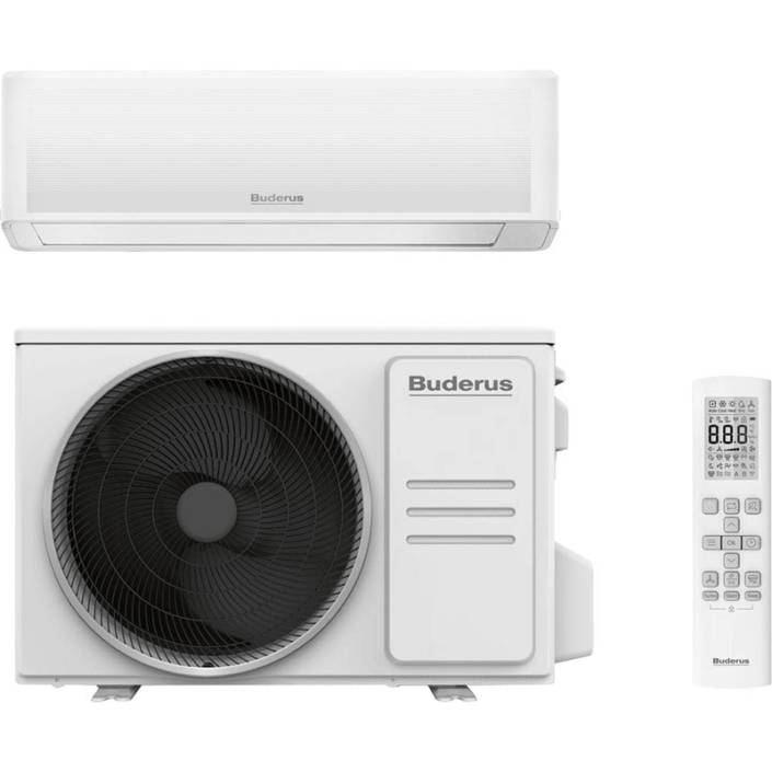 Drei Elemente der Buderus Logacool AC186i Klimaanlage: oben eine weiße Innenwand-Kassette mit Buderus-Logo, in der Mitte ein weißes Außengerät mit großem schwarzen Lüfter und Logo, rechts eine schlanke Fernbedienung mit Display und Tasten.
